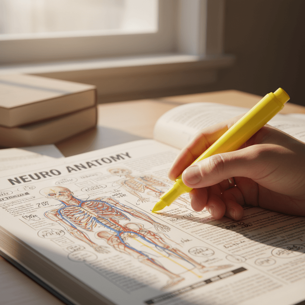Hand highlighting notes in a textbook