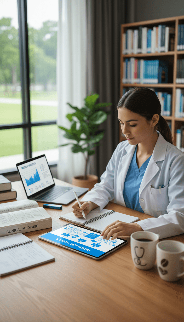 Healthcare student reviewing certification exam materials with digital platform