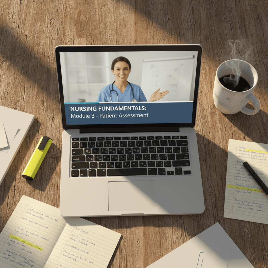 laptop showing nursing video lesson with study materials