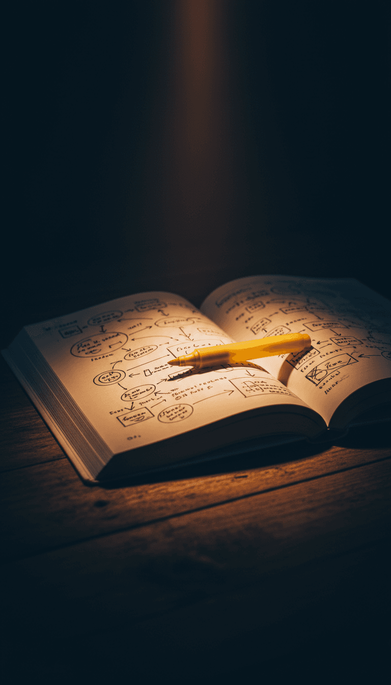 Open study guide with concept map illuminated by desk lamp