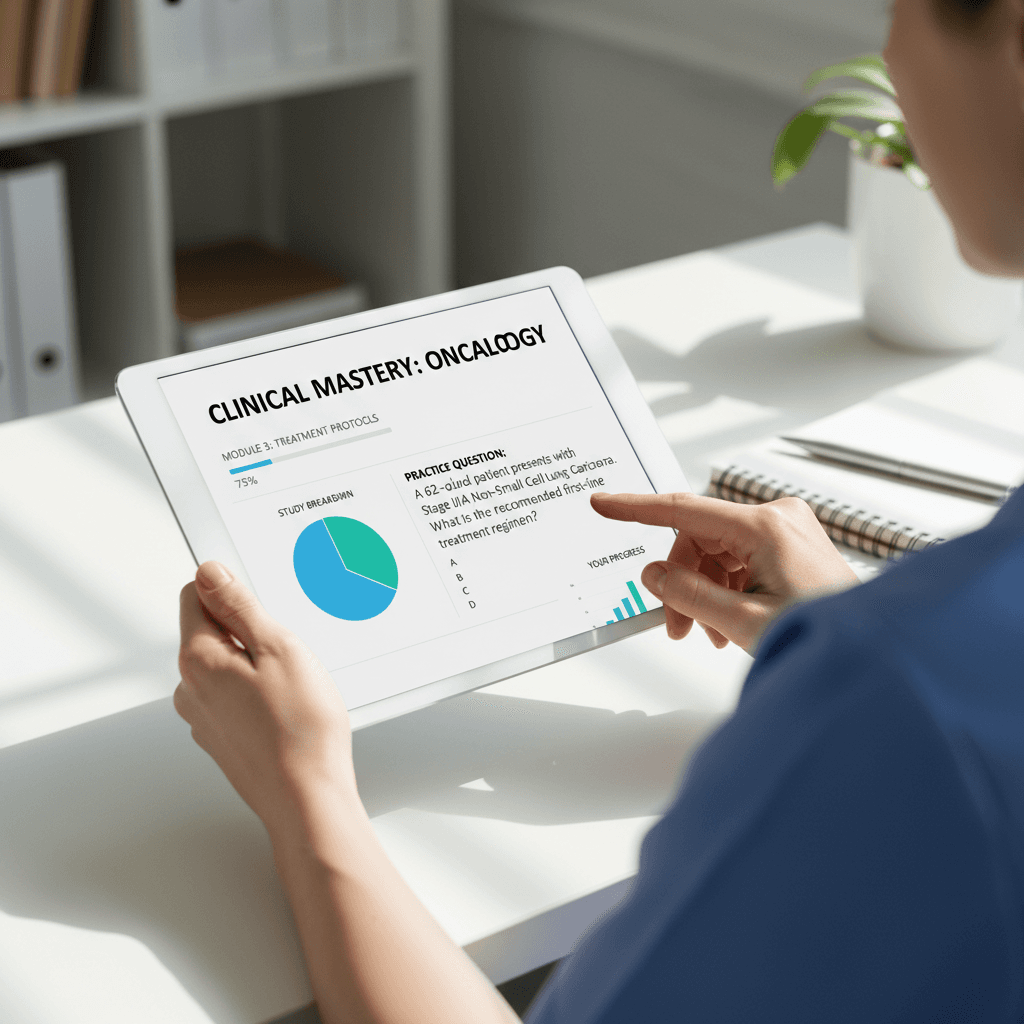 Healthcare professional engaged in board exam study with digital learning tools
